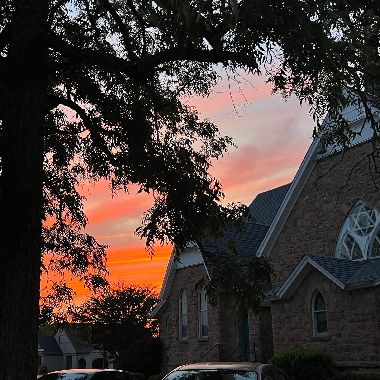 Stone exterior of First Christian Church Anniston framed by a large tree at sunset