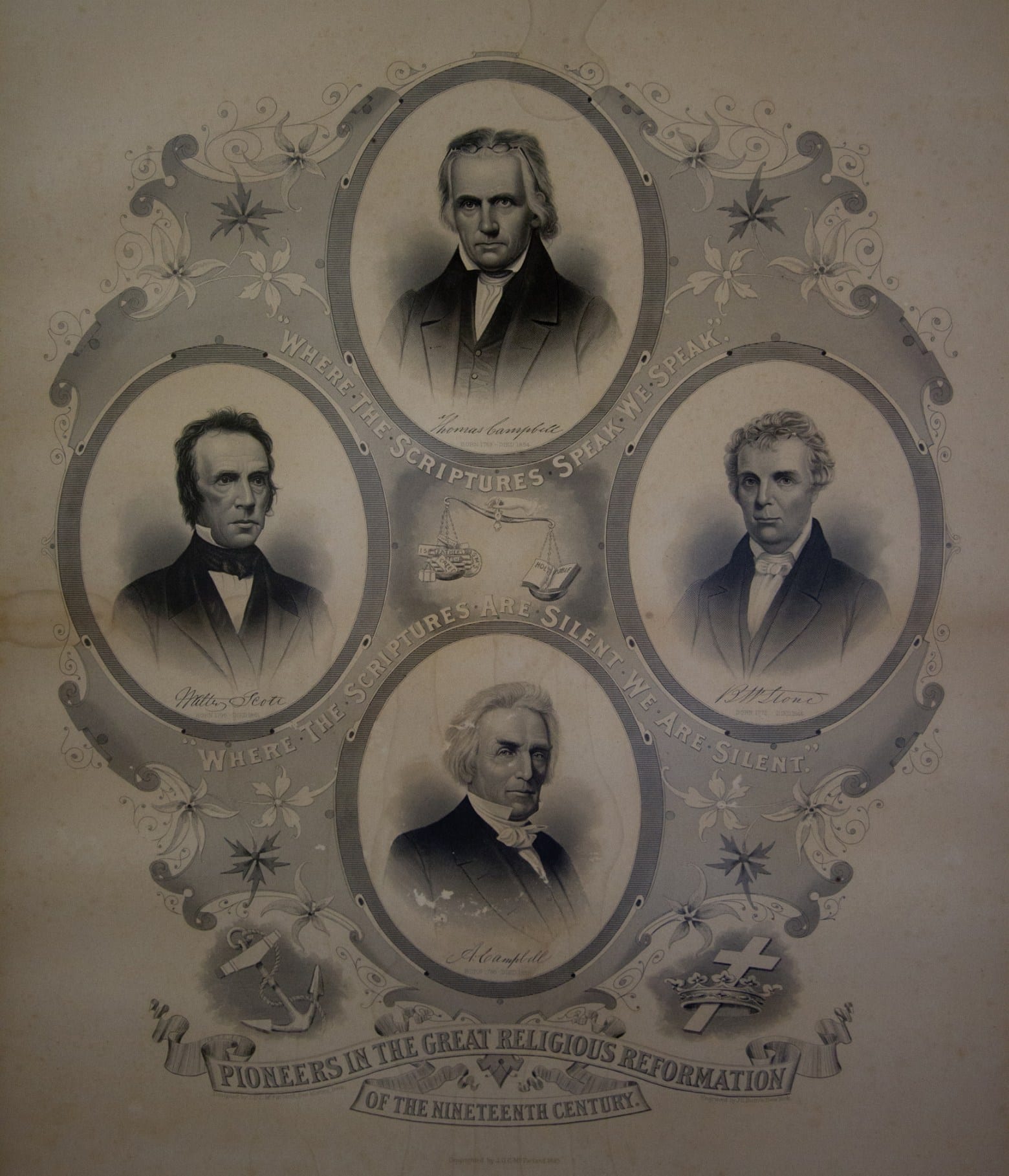 Impresión histórica de reformadores religiosos del siglo XIX, incluidos Thomas Campbell, Barton W. Stone, Walter Scott y Alexander Campbell